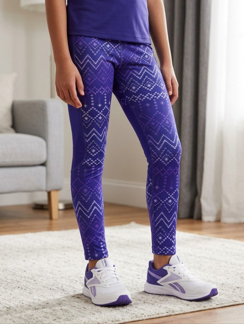 REEBOK Girl Large 12/14 Purple Aztec Printed Legging Active Gym Class Yoga Pant